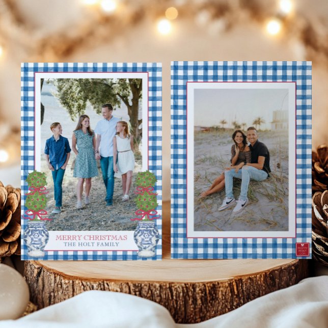 Cartão De Festividades Watercolor, Topiary Gingham Foto (Criador carregado)