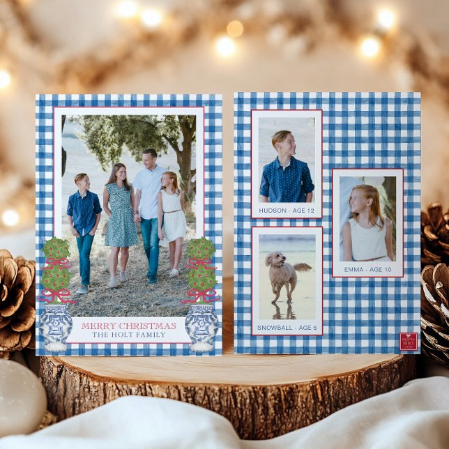 Cartão De Festividades Watercolor, Topiary Gingham Foto (Criador carregado)