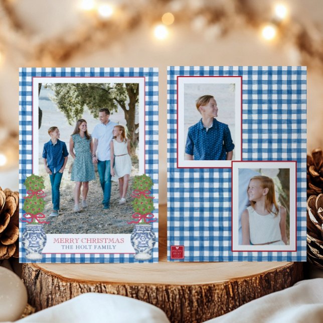 Cartão De Festividades Watercolor, Topiary Gingham Foto (Criador carregado)