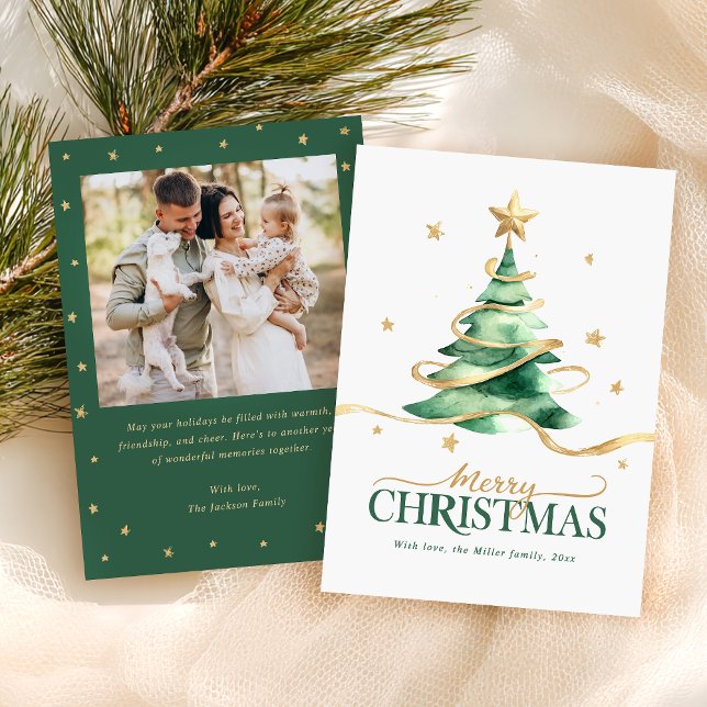 Cartão De Festividades Watercolor Tree Merry Christmas Holiday Card (Criador carregado)