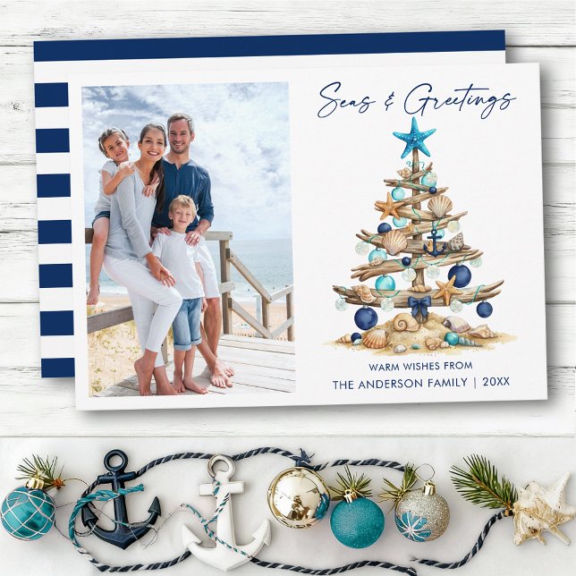 Cartão De Festividades Watercolor Tree Seas and Greetings Photo Striped (Customize to change your personalized text size or text style.)
