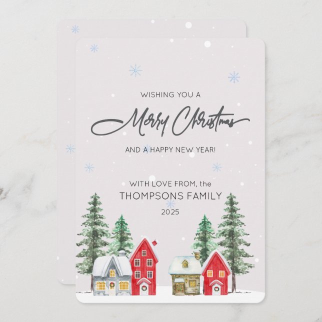 Cartão De Festividades Watercolor Village Holiday Christmas Card (Frente/Verso)