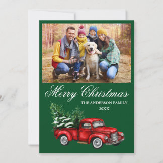 Cartão De Festividades Watercolor Vintage Red Truck Foto de Natal Verde