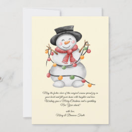 Cartão De Festividades Watercolor Vintage Snowman com Luzes