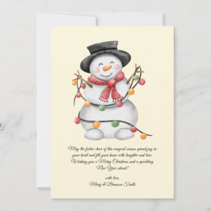 Cartão De Festividades Watercolor Vintage Snowman com Luzes