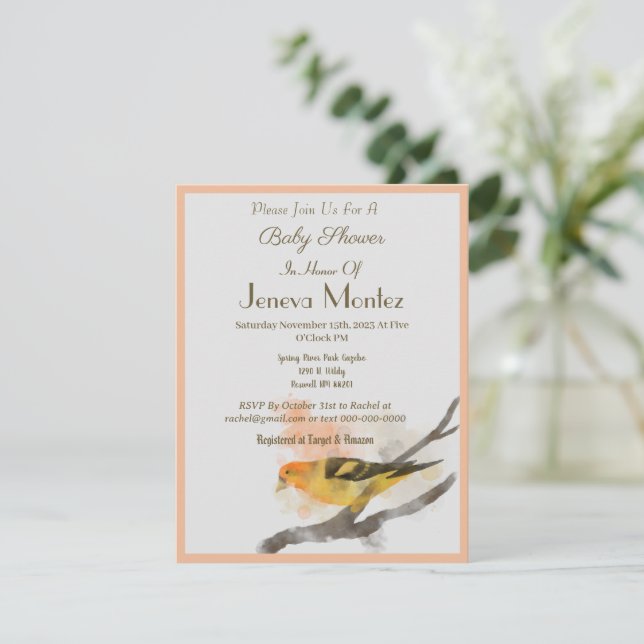 Cartão De Festividades Watercolor Western Tanager Yellow Bird Branch (Em pé/Frente)