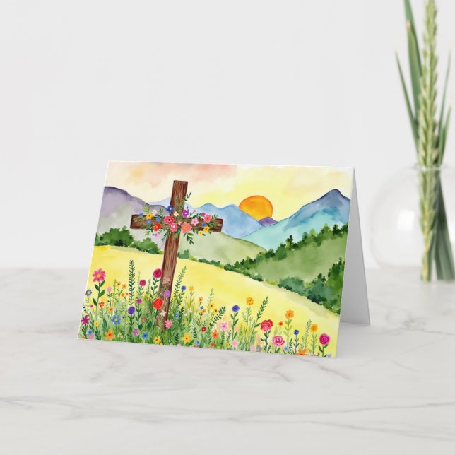 Cartão De Festividades Watercolor Wildflower Mountain Cross 2 Easter (Frente)