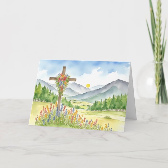 Cartão De Festividades Watercolor Wildflower Mountain Cross 4 Easter (Frente)
