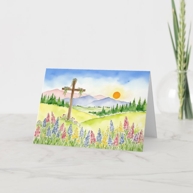 Cartão De Festividades Watercolor Wildflower Mountain Cross 5 Easter (Frente)