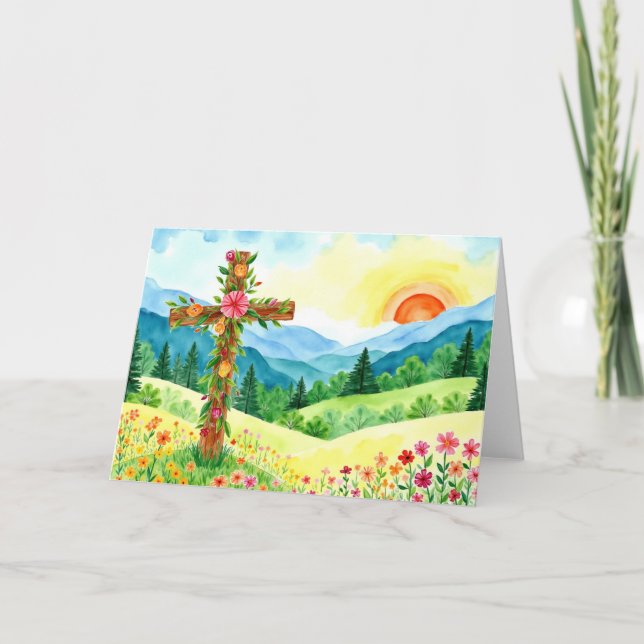 Cartão De Festividades Watercolor Wildflower Mountain Cross Easter (Frente)