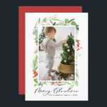 Cartão De Festividades Watercolor Winter Berry Greenery Foto Natal<br><div class="desc">Feliz Natal! Mande seus desejos de Natal e saudações com este cartão plano de Natal personalizável. Apresenta folhas de aquarela,  colas e bagas com um roteiro elegante. Personalize adicionando uma foto vertical e textos. O cartão de Natal perfeito para a sua família e amigos. Itens correspondentes estão disponíveis.</div>