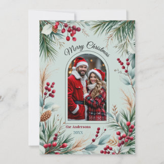 Cartão De Festividades Watercolor Winter Botanical Border Pine Berries