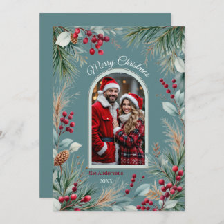 Cartão De Festividades Watercolor Winter Botanical Border Pine Berries