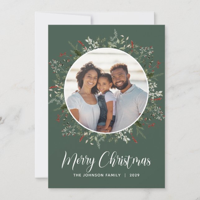 Cartão De Festividades Watercolor Winter Botanical Photo Green (Frente)