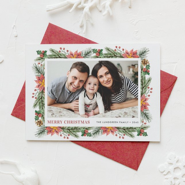 Cartão De Festividades Watercolor Winter Botanicals Merry Christmas Photo (Customizable Photo Christmas Card Featuring Watercolor Pine Needles, Pine Cones and Poinsettia)