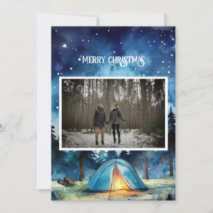Cartão De Festividades Watercolor Winter Camping Casal Photo de Natal