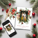Cartão De Festividades Watercolor Winter Floral Gold Foil Christmas<br><div class="desc">Elegante Watercolor Winter Floral Holiday Christmas Cartão de Natal Floral com a sua dentro fotográfica Foto com o nosso falso quadro de folha de ouro de um verde de inverno rústico, mas elegante, como poinsettia, Holly e pinheiro. As costas têm marfim botânico mais elegante e flores vermelhas. Entre em contato...</div>