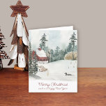 Cartão De Festividades Watercolor Winter Landscape White Christmas<br><div class="desc">Cartão de Natal branco tradicional com uma aquarela pacífica, paisagem de inverno de uma cabana ao lado do lago, pinheiros e campo de neve com manga e pato no lago. O texto diz "Feliz Natal e Feliz ano novo" na tipografia manuscrita e a modelo é criada para o seu texto...</div>