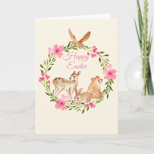 Cartão De Festividades Watercolor Woodland Animals Easter (Frente)