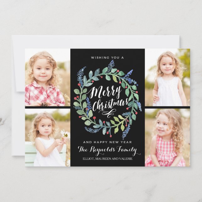 Cartão De Festividades Watercolor Wreath 4 Foto Natal Preto (Frente)