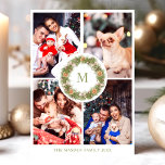 Cartão De Festividades Watercolor Wreath 4 Fotografia Collage Família Mon<br><div class="desc">Este belo cartão de Natal apresenta uma coroa aquosa acentuada com arcos,  sinos e fatias de laranja secas. Personalize este design personalizado com 4 fotos da família,  o seu próprio monograma inicial e uma saudação de Feliz Natal personalizada com o seu próprio nome de família.</div>