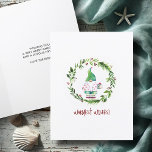 Cartão De Festividades Watercolor Wreath Beach Cards de Natal<br><div class="desc">Espalhe a alegria tropical de férias com este cartão de Natal de praia fofo! Apresentando meu gnomo natalino pintado manualmente vestido com uma camisa rosa flamingo e um chapéu festivo, ele está cercado por uma coroa de verde e bagas vermelhas no estilo da fazenda, em um fundo branco nítido. As...</div>