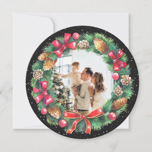 Cartão De Festividades Watercolor Wreath Black Photo Christmas (Frente)