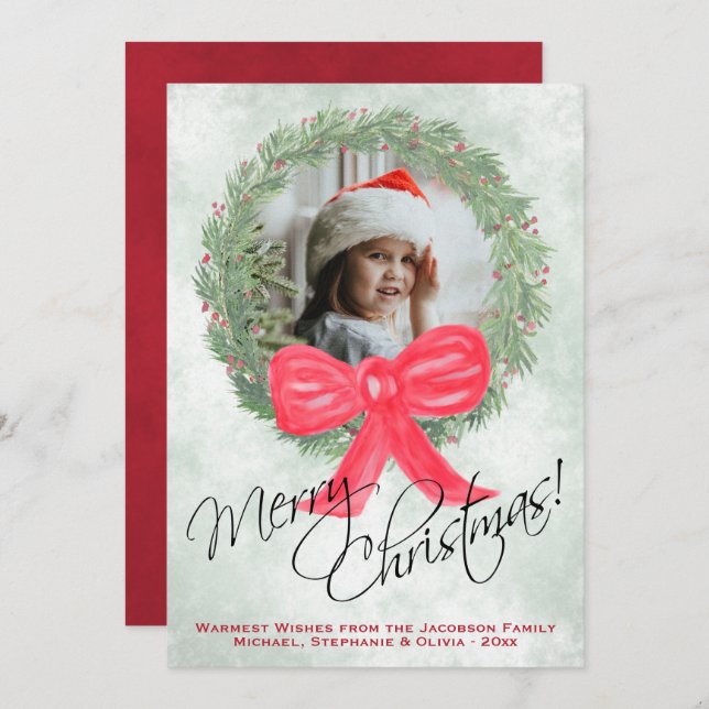 Cartão De Festividades Watercolor Wreath Merry Christmas Photo Frame (Frente/Verso)