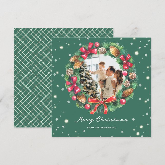 Cartão De Festividades Watercolor Wreath Stars Green Photo Christmas (Frente/Verso)
