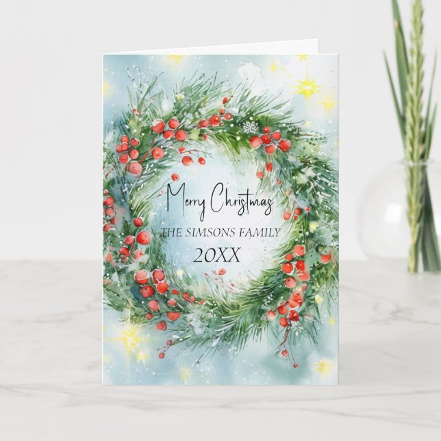 Cartão De Festividades Watercolor Wreath Winter Greenery (Frente)