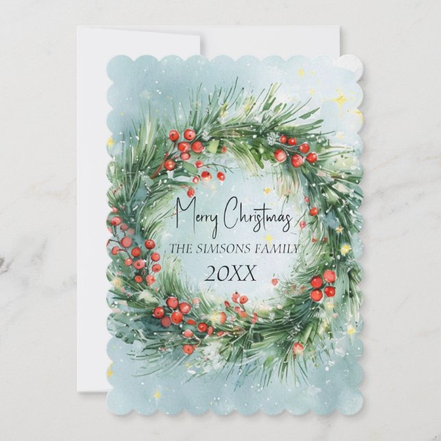 Cartão De Festividades Watercolor Wreath Winter Greenery (Frente)