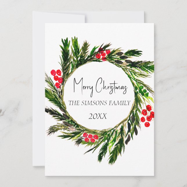 Cartão De Festividades Watercolor Wreath Winter Greenery (Frente)