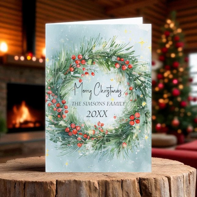 Cartão De Festividades Watercolor Wreath Winter Greenery (Criador carregado)