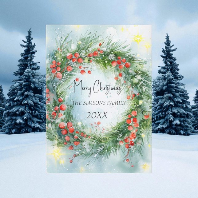 Cartão De Festividades Watercolor Wreath Winter Greenery (Criador carregado)