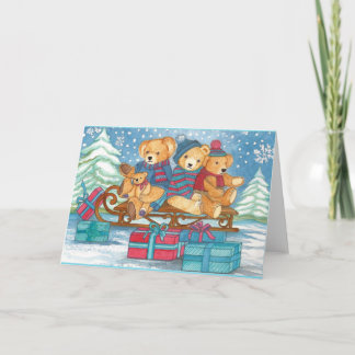 CARTÃO DE FESTIVIDADES WEIHNACHTS-TEDDYBÄREN AUF SCHLITTEN MIT GESCHENKEN