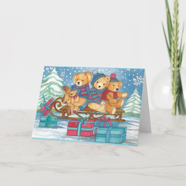 CARTÃO DE FESTIVIDADES WEIHNACHTS-TEDDYBÄREN AUF SCHLITTEN MIT GESCHENKEN (Frente)