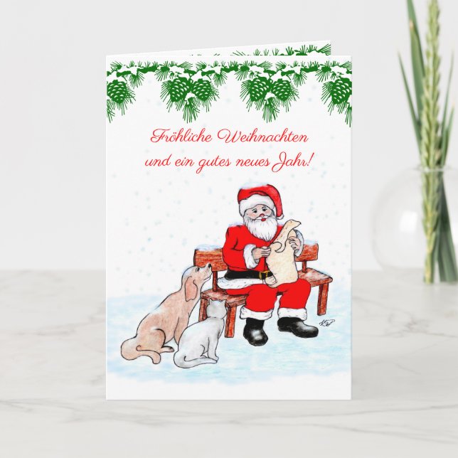 Cartão De Festividades Weihnachtsmann mit Hund und Katze auf Deutsch (Frente)