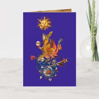 Cartão De Festividades WEIRD MEDIEVAL BESTIARY,ALCHEMIST,RED DRAGON,Blue