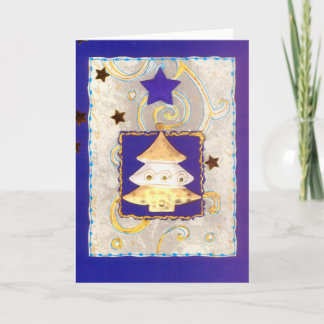 Cartão De Festividades WEISSGOLDENER WEIHNACHTSBAUM auf Blau mit Sternen