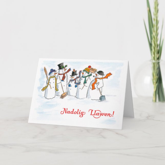 Cartão De Festividades Welsh Language Greeting Christmas Snowmen Card (Frente)
