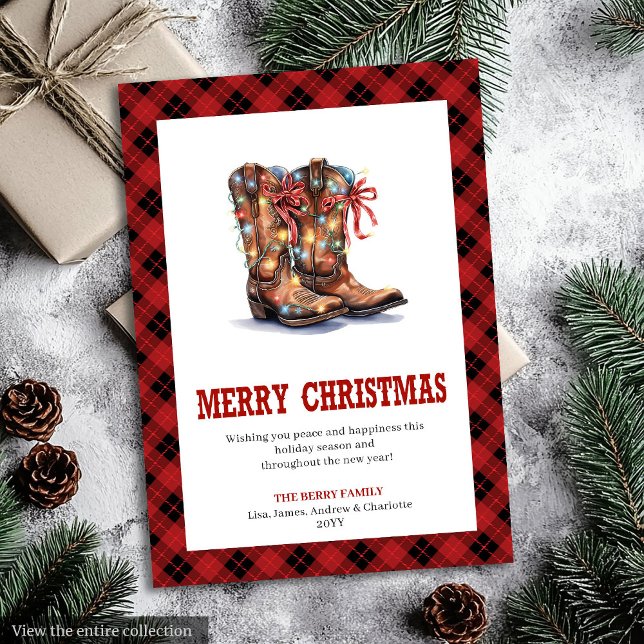 Cartão De Festividades Western Christmas card red buffalo plaid tartan (Western Christmas card red buffalo plaid tartan

)