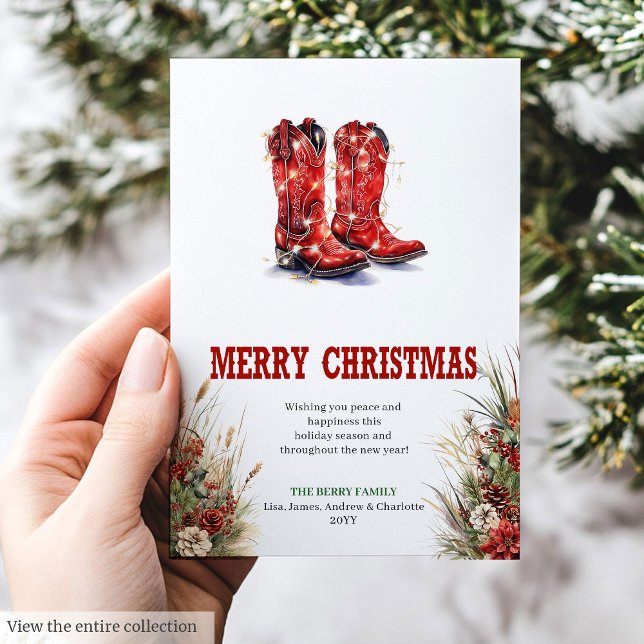 Cartão De Festividades Western red cowboy boots Christmas greeting (Western red cowboy boots Christmas greeting Holiday Card)