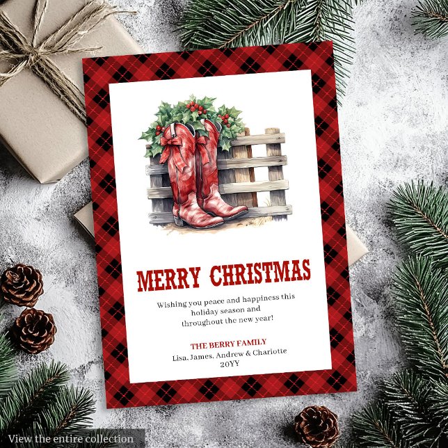 Cartão De Festividades Western Rustic Red Plaid Christmas Greeting Card (Western Rustic Red Plaid Christmas Greeting Card)