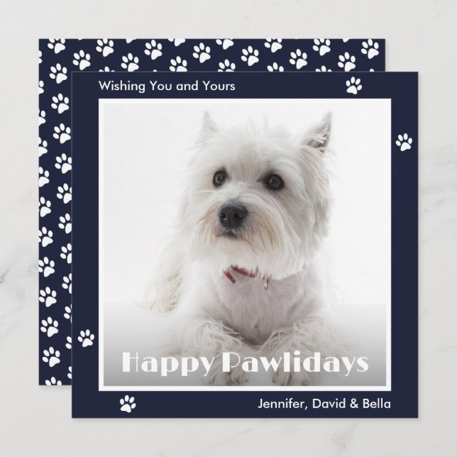 Cartão De Festividades Westie Dog Paw Prints Pet Photo Blue (Frente/Verso)