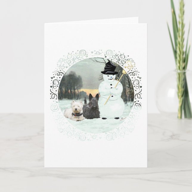 Cartão De Festividades Westie e Scottie Constroem um Boneco de Neve (Frente)