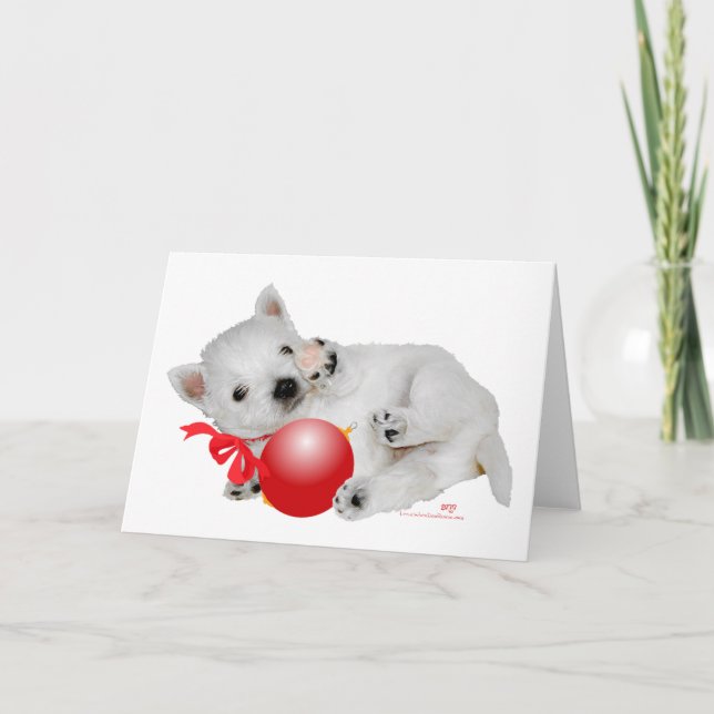 Cartão De Festividades Westie Puppy Playtime de Natal (Frente)
