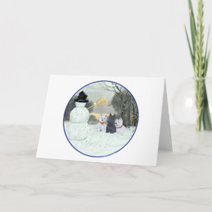 Cartão De Festividades Westies e Scottie com Boneco de Neve