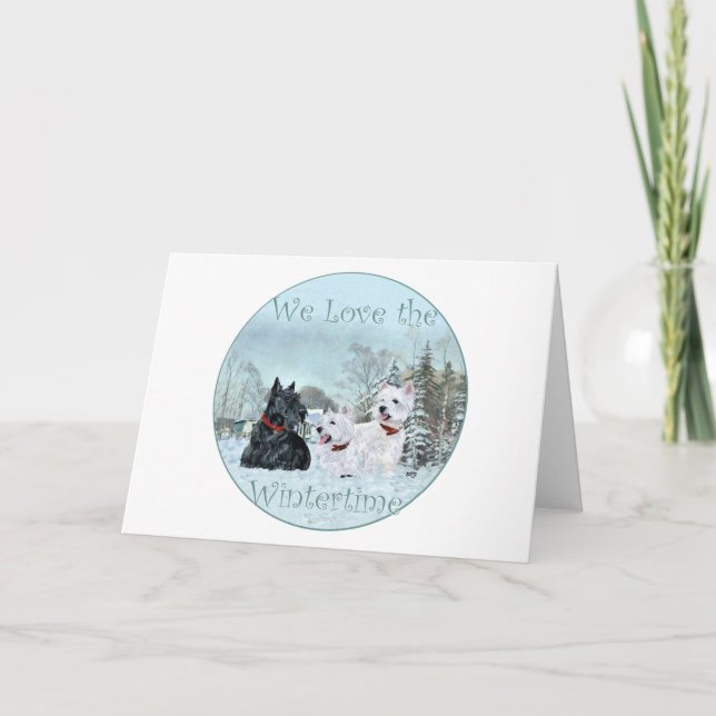 Cartão De Festividades Westies e Scottie no inverno (Frente)