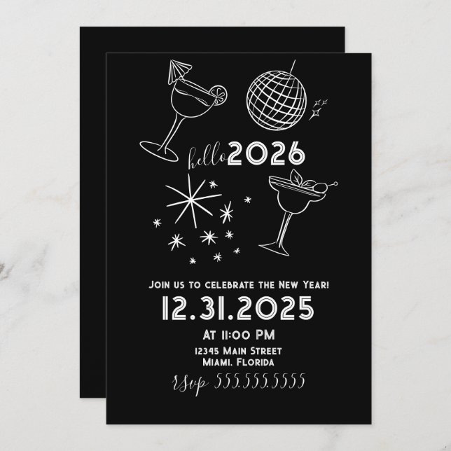 Cartão De Festividades Whimiscal Doodles Hello 2026 New Years Gold (Frente/Verso)