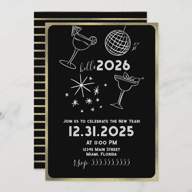Cartão De Festividades Whimiscal Doodles Hello 2026 New Years Gold (Frente/Verso)